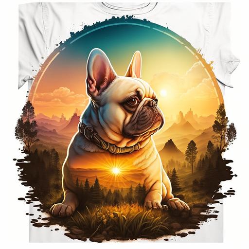 french bulldog, T shirt design, skyview, mountain and sun background, circular design, wide view, illustration, realistic, 8K, cinematic, vibrant rich colors, high contrast, white background, natural lighting, no water watermark,