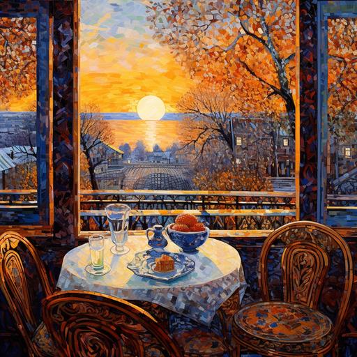 french cafe, beautiful sunset, A complex elaborate unbelievably detailed oil zentangle mosaic painting with clean smooth brushstrokes and clear bold lines of a magical fantasy vividly colorful landscape with heavy snow coming down and silver and blue flowers and with many layers and details and patterns by Renoir, Frieseke, and Matisse with primarily soft light colors of sky blue, cobalt, navy blue, light blue, purple, light green, emerald green, forest green, rose, and teal
