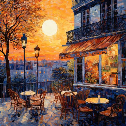 french cafe, beautiful sunset, A complex elaborate unbelievably detailed oil zentangle mosaic painting with clean smooth brushstrokes and clear bold lines of a magical fantasy vividly colorful landscape with heavy snow coming down and silver and blue flowers and with many layers and details and patterns by Renoir, Frieseke, and Matisse with primarily soft light colors of sky blue, cobalt, navy blue, light blue, purple, light green, emerald green, forest green, rose, and teal