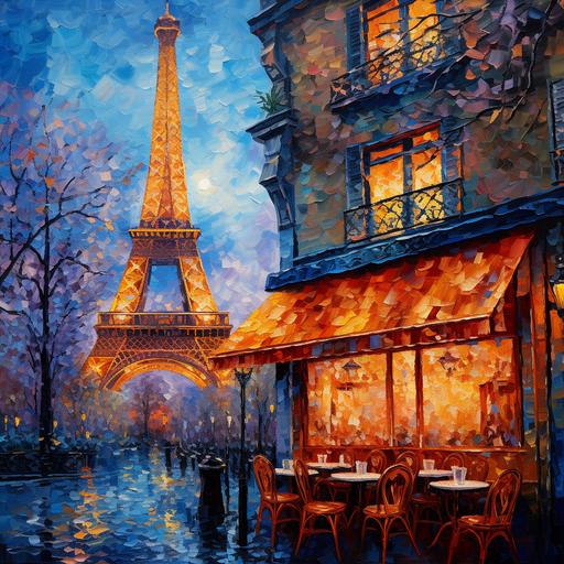 french cafe with eiffel tower , beautiful sunset, A complex elaborate unbelievably detailed oil zentangle mosaic painting with clean smooth brushstrokes and clear bold lines of a magical fantasy vividly colorful landscape with heavy snow coming down and silver and blue flowers and with many layers and details and patterns by Renoir, Frieseke, and Matisse with primarily soft light colors of sky blue, cobalt, navy blue, light blue, purple, light green, emerald green, forest green, rose, and tea