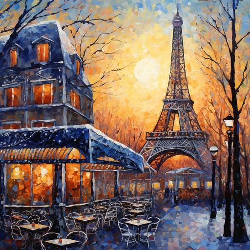 french cafe with eiffel tower , beautiful sunset, A complex elaborate unbelievably detailed oil zentangle mosaic painting with clean smooth brushstrokes and clear bold lines of a magical fantasy vividly colorful landscape with heavy snow coming down and silver and blue flowers and with many layers and details and patterns by Renoir, Frieseke, and Matisse with primarily soft light colors of sky blue, cobalt, navy blue, light blue, purple, light green, emerald green, forest green, rose, and tea