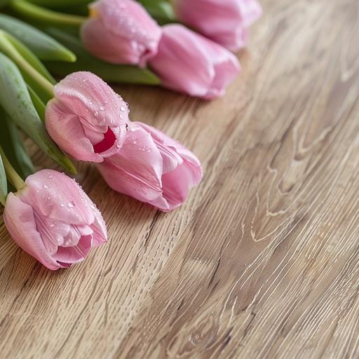 fresh pink tulips with droplets of water lie on a new laminate with a matte beige oak texture --v 6.0 --style raw