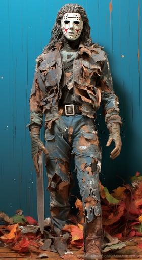 friday the 13th jeson michael jackson halloween movie poster, in the style of destroyed gadgets sculptures, heavy use of palette knives, full body, photo taken with provia, 1970s, bronzepunk, close up --ar 35:64 --c 25 --s 300