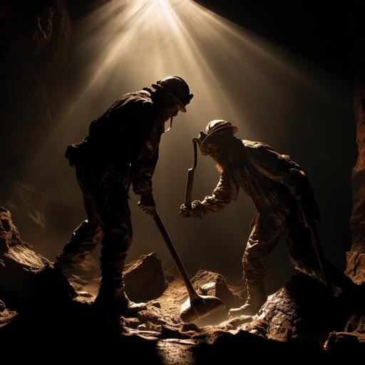 Two miners wearing helmets and fighting with pickaxes. cast in shadow, use of light and shadow, luminous shadowing, ue5