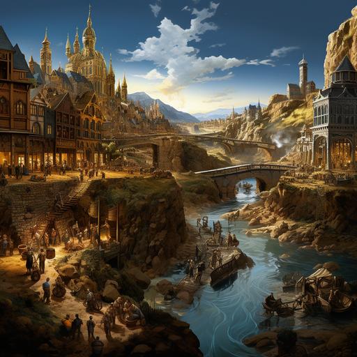 a single landscape divided by a river. On one side, you have a quaint bustling gold mine with miners digging and machinery at work. On the other side, you see an elegant baroque city with well-dressed individuals