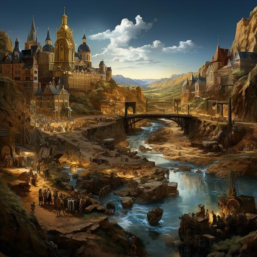 a single landscape divided by a river. On one side, you have a quaint bustling gold mine with miners digging and machinery at work. On the other side, you see an elegant baroque city with well-dressed individuals