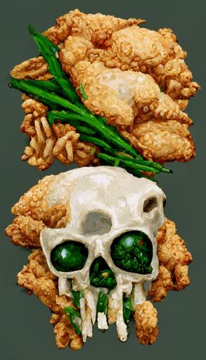 fried chicken skull, green bean skeletons, detailed, realistic, cool, beautiful, 1998 pixel computer game style —ar 9:16  --v 2
