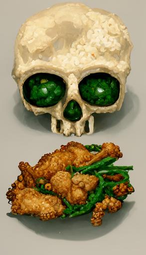 fried chicken skull, green bean skeletons, detailed, realistic, cool, beautiful, 1998 pixel computer game style —ar 9:16  --v 2