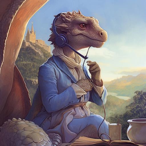 friendly dragon podcaster wearing headphones and using a vintage microphone painted in the style of Maxfield Parrish