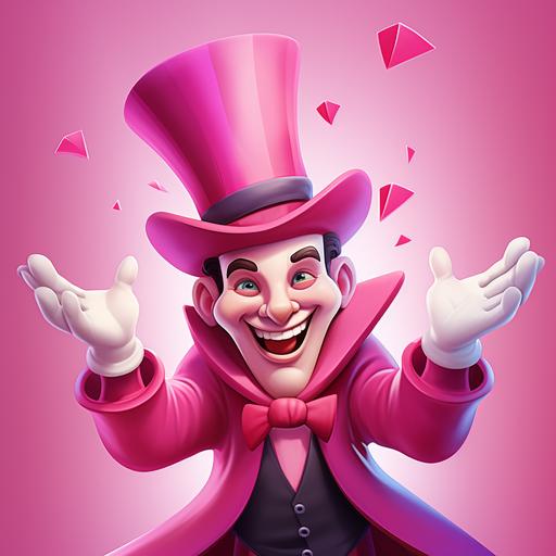 friendly jester cartoon character with smiling face and magician hats in both hand, on a transparency pink unicolor background #ffddee