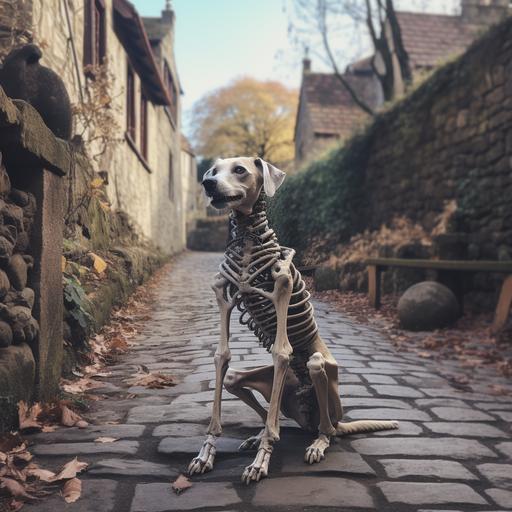 friendly living dog skeleton, standing in a cobblestone street surrounded by nature