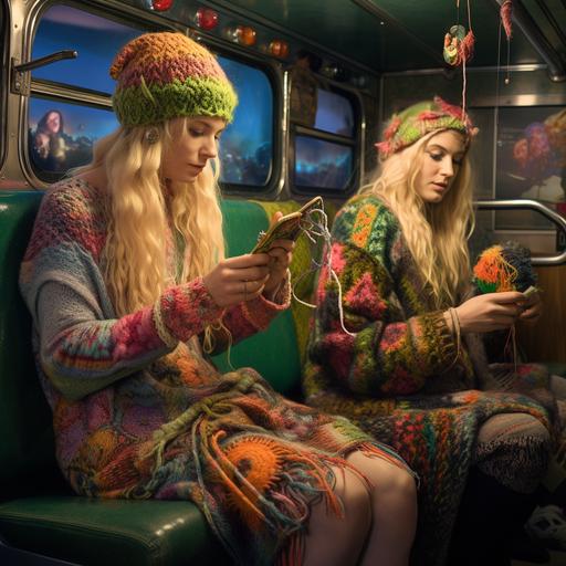 friendly looking women with blond hair sitting in the hippy bus and knitting