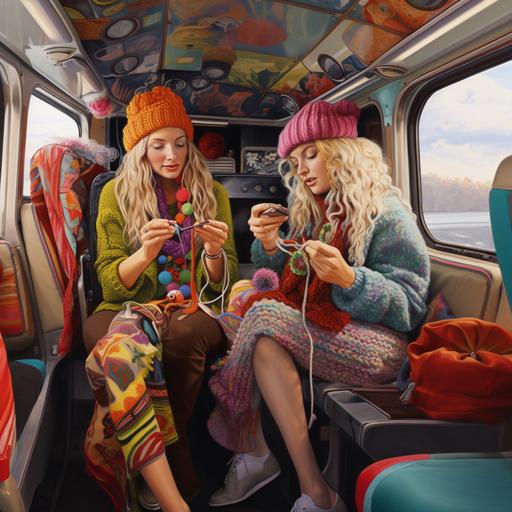friendly looking women with blond hair sitting in the hippy bus and knitting