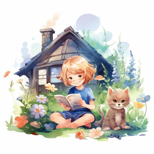 friendly weekend house with garden. grass. flowers. birds. one cat and one dog. cute blue eyes baby blonde girl with book. watercolor cartoon style
