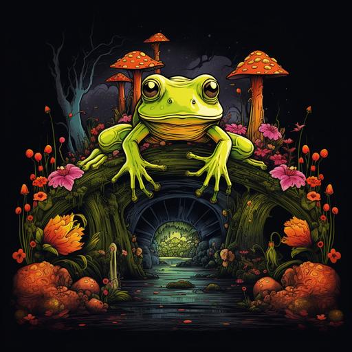 frog and giant mushrooms under the old bridge as an psychedelic vintage art, black background