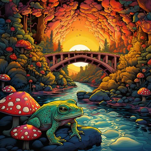 frog and giant mushrooms under the old bridge as an psychedelic vintage art