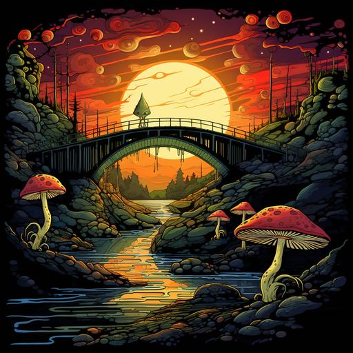 frog and giant mushrooms under the old bridge as an sun sets, psychedelic minimalistic art, black background