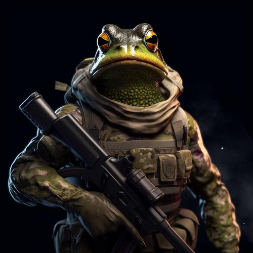 frog, military soldier Outfit, cinematic light, realistic, 4K, photgraphic, weapon, black background, angry face