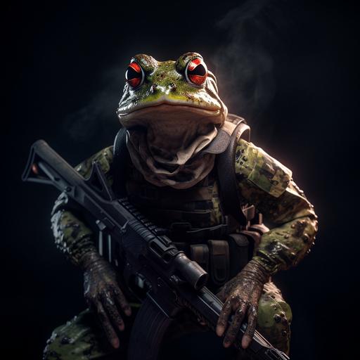 frog, military soldier Outfit, cinematic light, realistic, 4K, photgraphic, weapon, black background, angry face