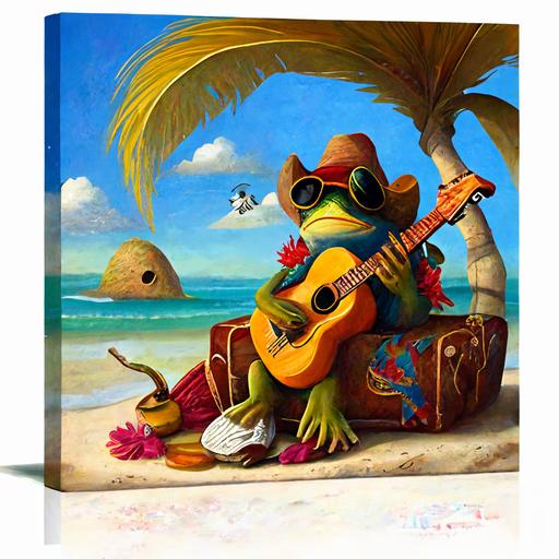 frog playing the guitar seating on the beautiful beach in Puerto Rico nest to a chola from Ecuador with traditional clothing holding a toucan on her shoulder on the background palm in the beautiful beach surreal painting (style)