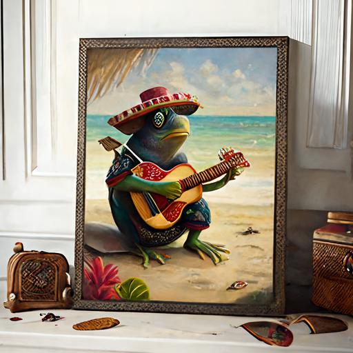 frog playing the guitar seating on the beautiful beach in Puerto Rico nest to a chola from Ecuador with traditional clothing holding a toucan on her shoulder on the background palm in the beautiful beach surreal painting (style)