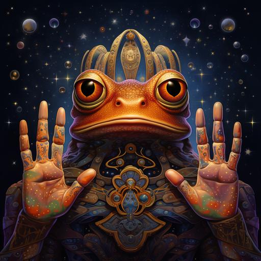 frog six hands, three eyes in a galaxy as an indian god