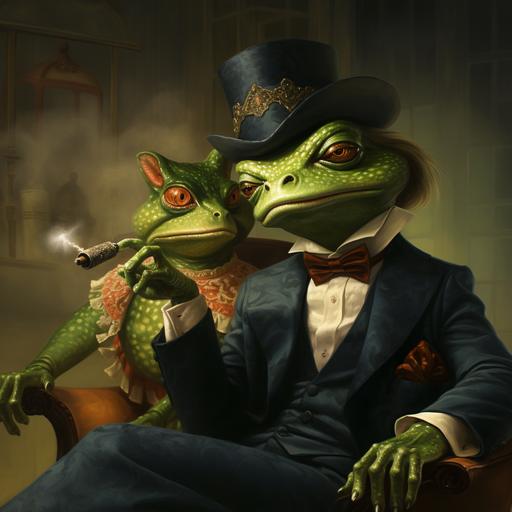 frog smoking a cigar holding his lady frog hand