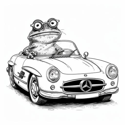 frog with glasses in a mercedes toy car with hits, cartoon, line, black and white style