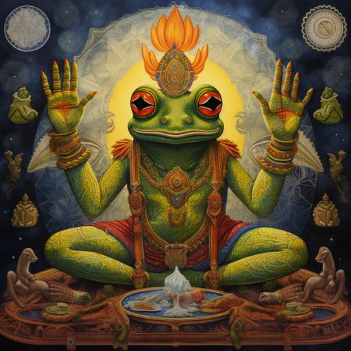 frog with six hands, thrird eye as an indian god