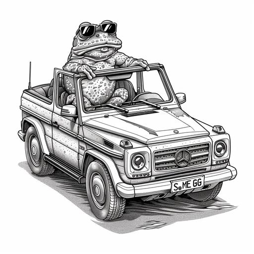 frog with sunglasses in a mercedes G toy car with hits, cartoon, line, black and white style