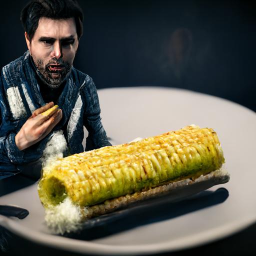 A photorealistic image of Alan Wake eating an enormous plate of corn on the cob, 4k, 8k render, photo-real, scary