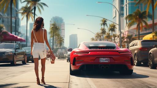 from behind lucia from the Grand theft auto vi trailer walking on busy miami beach with lots of pedestrians, she is walking towards a shiny gta 6 sports car, unreal engine 5 ray tracing photorealism, 8k max graphics --ar 16:9