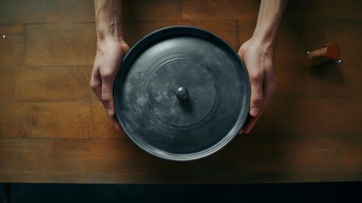 from top view we see a hand put a closed food container cooking pot on empty table. 8k, cinematic, day natural light, photoreal --ar 16:9
