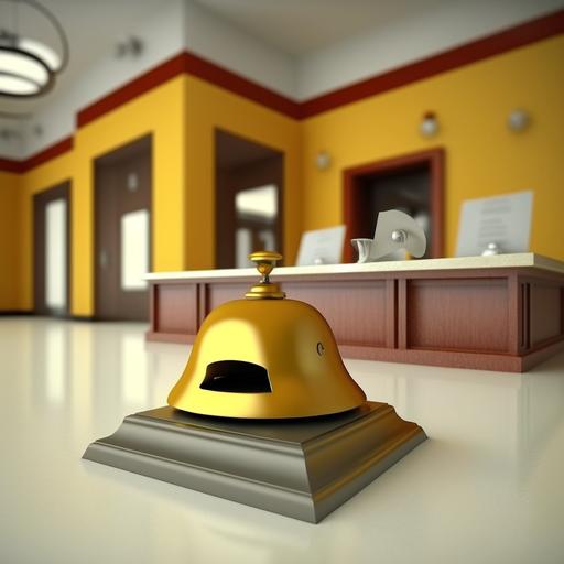 front desk at a hotel with a bell on the counter, 3D style, some yellow --q 2 --v 4