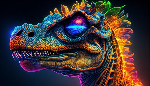 front-facing perfect glowing dinosaur trippy, large reflective eyed, 3D render, close up, psychedelic, smoke art, vibrant colors, highly detailed and accurate minute details SSAA anti-aliasing max-graphics ultra-quality post-processing 8k HD HDR XDR mods, soft bloom lighting, edge lights halation --ar 16:9 --s 1000 --c 50 --q 2