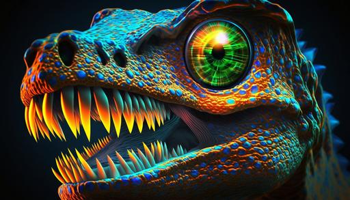 front-facing perfect glowing dinosaur trippy, large reflective eyed, 3D render, close up, psychedelic, smoke art, vibrant colors, highly detailed and accurate minute details SSAA anti-aliasing max-graphics ultra-quality post-processing 8k HD HDR XDR mods, soft bloom lighting, edge lights halation --ar 16:9 --s 1000 --c 50 --q 2