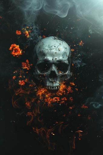 front of a white metallic skull in a dark environment surrounded by fire flowers --ar 2:3 --v 6.0