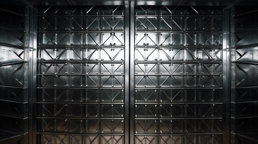 front on steel vault door futureistic in wall metal chrome mesh grids in wall close up computer pannel on wall in style of pop-up-book --ar 16:9