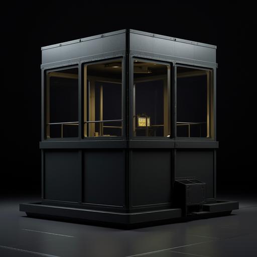 front square on view of heavily armoured steel reinforced observation guard booth cube with square viewing window , black background, cinematic realistic dslr,