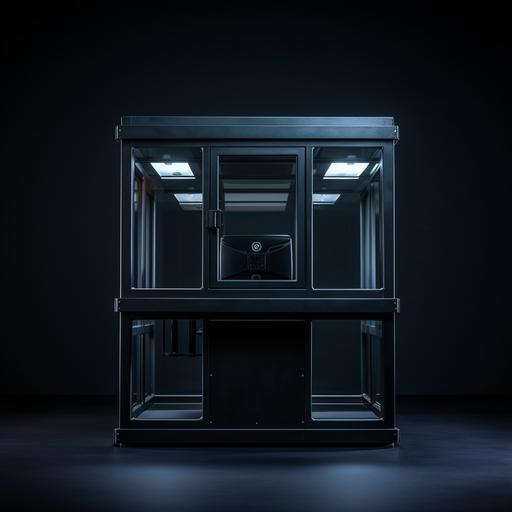 front square on view of heavily armoured steel reinforced observation guard booth cube with square viewing window , black background, cinematic realistic dslr,