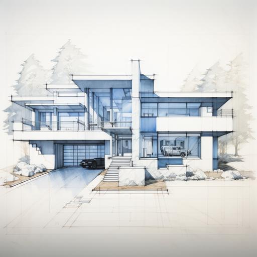 front view, Blueprint of a modern million dollar house, lines only, on paper