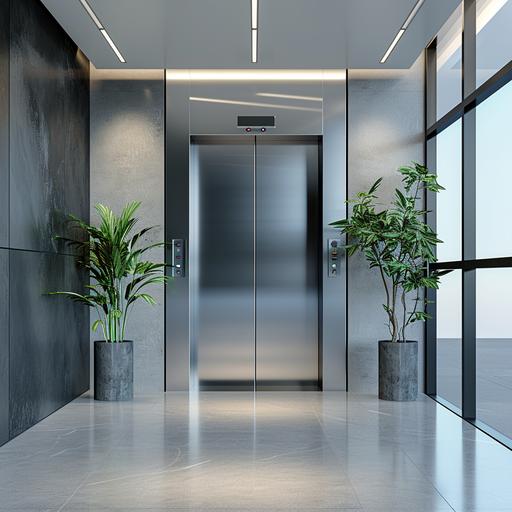 front view into an elevator with stainless steel doors and mirror on the back panel, in a modern office building with light gray floor, ultra realistic, keyshot render --v 6.0