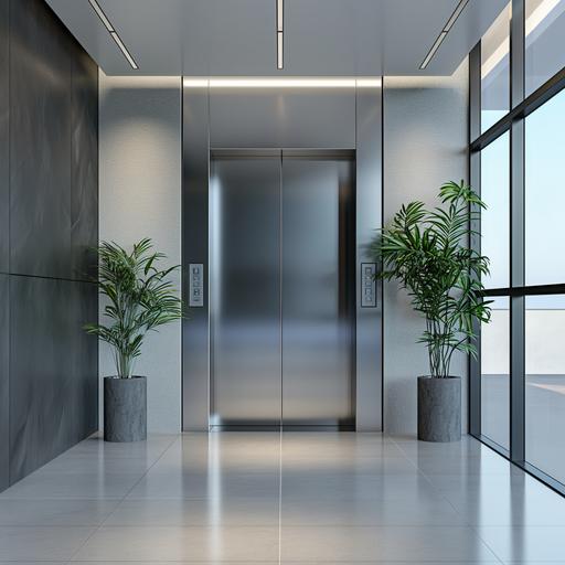 front view into an elevator with stainless steel doors and mirror on the back panel, in a modern office building with light gray floor, ultra realistic, keyshot render --v 6.0