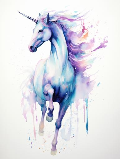 front view minimalist abstract teal blue purple pink unicorn body jumping on two legs abstract painting water color white background --ar 3:4