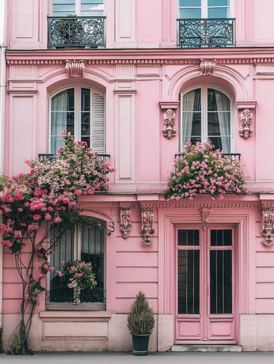 front view of luxurious pink Parisian building, architecture, flowers in the window, minimal composition, editorial, charming, feminine, vogue, --ar 3:4 --v 6.0