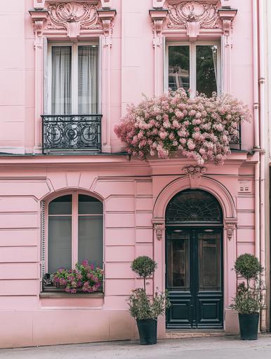 front view of luxurious pink Parisian building, architecture, flowers in the window, minimal composition, editorial, charming, feminine, vogue, --ar 3:4 --v 6.0