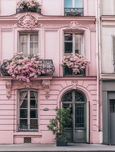 front view of luxurious pink Parisian building, architecture, flowers in the window, minimal composition, editorial, charming, feminine, vogue, --ar 3:4 --v 6.0