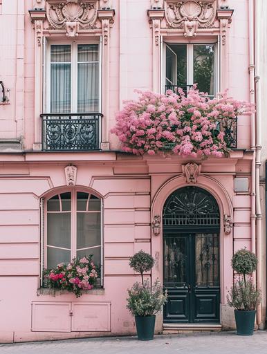 front view of luxurious pink Parisian building, architecture, flowers in the window, minimal composition, editorial, charming, feminine, vogue, --ar 3:4 --v 6.0