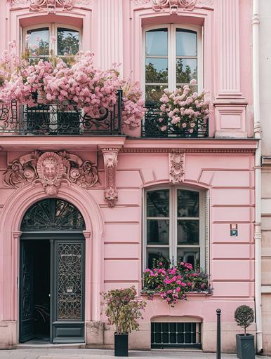 front view of luxurious pink Parisian building, architecture, flowers in the window, minimal composition, editorial, charming, feminine, vogue, --ar 3:4 --v 6.0