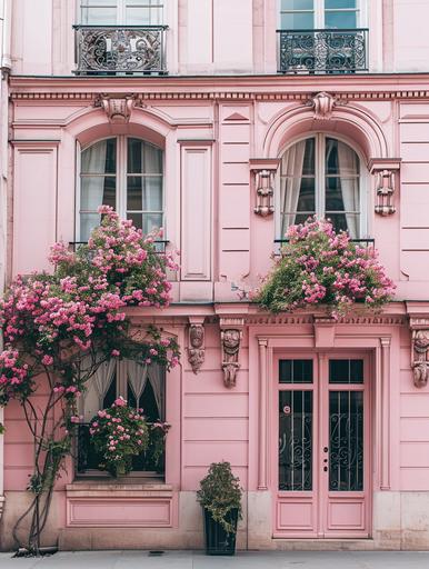 front view of luxurious pink Parisian building, architecture, flowers in the window, minimal composition, editorial, charming, feminine, vogue, --ar 3:4 --v 6.0